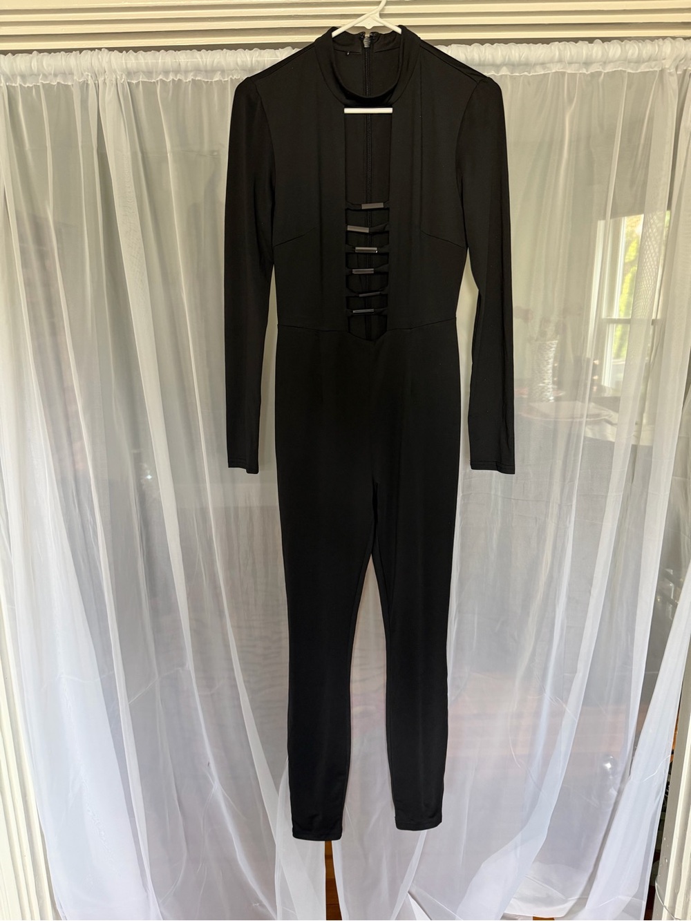 Bebe Black Long-Sleeve Jumpsuit with Front Strap Detail